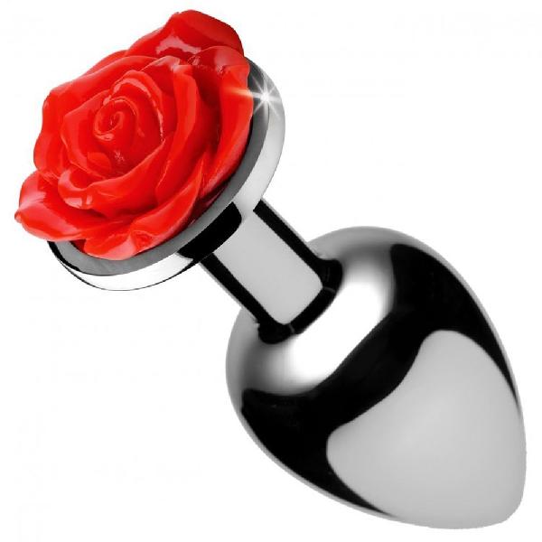 Серебристая анальная пробка с розой Red Rose Butt Plug - 8 см. от XR Brands