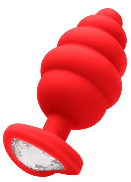Красная анальная пробка Large Ribbed Diamond Heart Plug - 8 см. от Shots Media BV