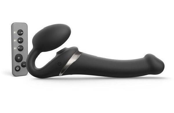 Черный безремневой страпон Multi Orgasm Size M с клиторальной стимуляцией от Strap-on-me