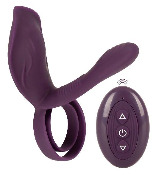 Фиолетовая насадка на член с клиторальным отростком и пультом ДУ RC Couple’s Vibrator 2 от Orion
