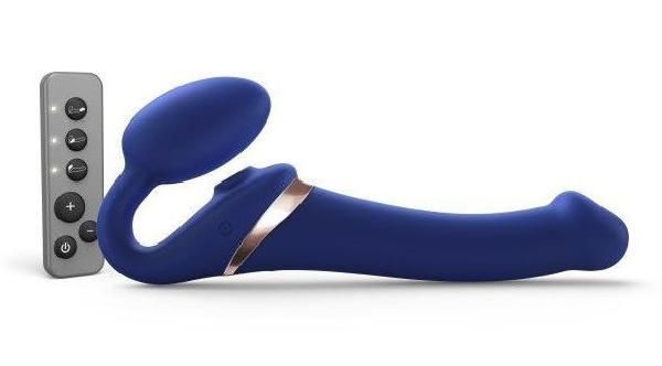 Синий безремневой страпон Multi Orgasm Size M с клиторальной стимуляцией от Strap-on-me