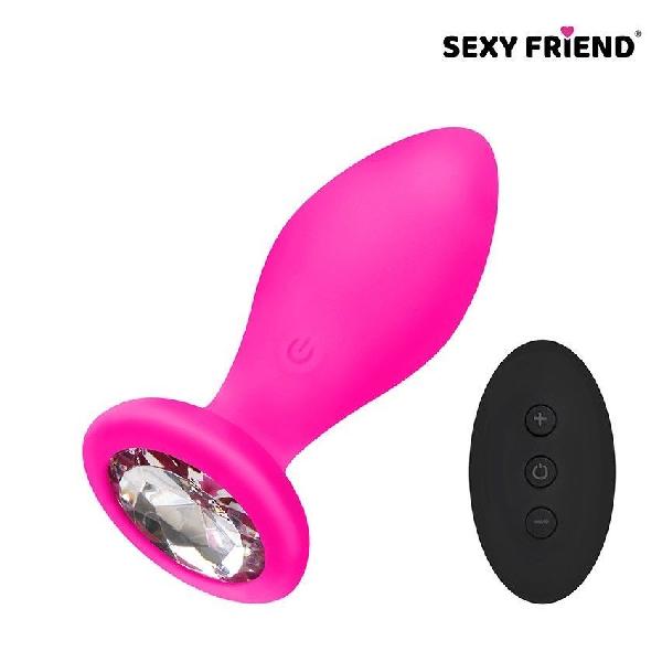 Розовая вибровтулка с прозрачным кристаллом и пультом ДУ - 8,5 см. от Sexy Friend