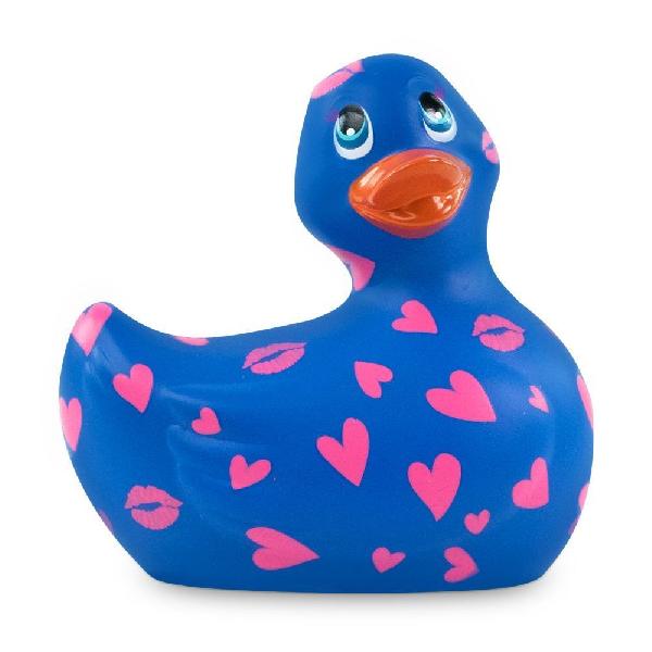 Синий вибратор-уточка I Rub My Duckie 2.0 Romance с розовым принтом от Big Teaze Toys