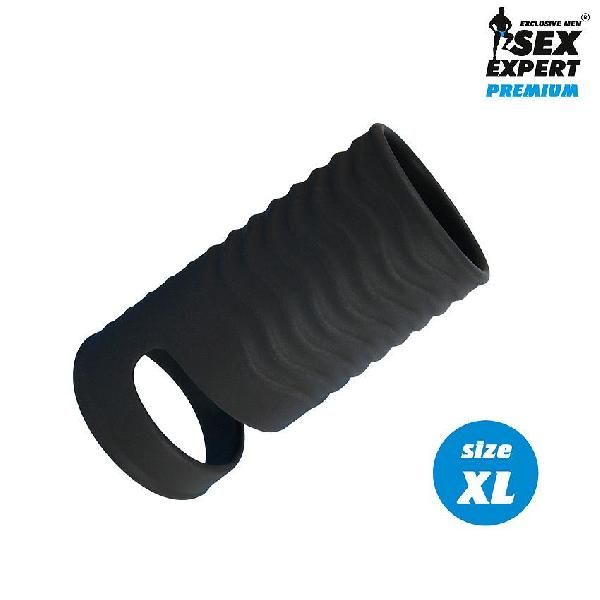Черная открытая насадка на пенис с кольцом для мошонки XL-size - 8,9 см. от Bior toys