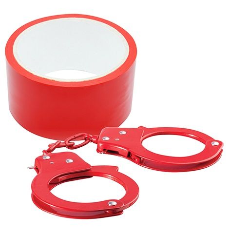 Набор для фиксации BONDX METAL CUFFS AND RIBBON: красные наручники из листового материала и липкая лента от Dream Toys