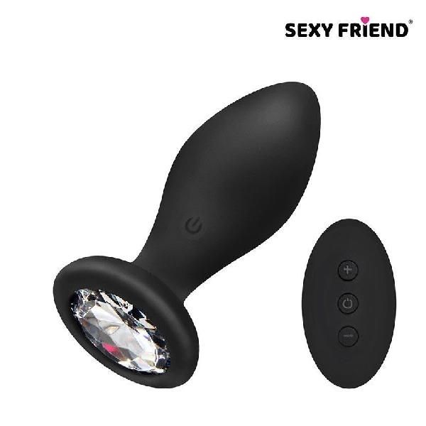 Черная вибровтулка с прозрачным кристаллом и пультом ДУ - 8,5 см. от Sexy Friend