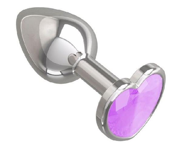 Серебристая анальная втулка с сиреневым кристаллом-сердцем - 7 см. от Сумерки богов