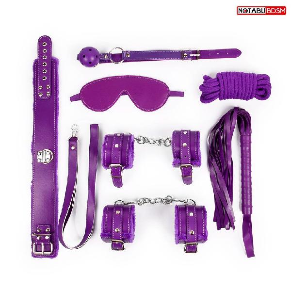 Большой набор БДСМ в фиолетовом цвете: маска, кляп, плётка, ошейник, наручники, оковы, верёвка от Bior toys