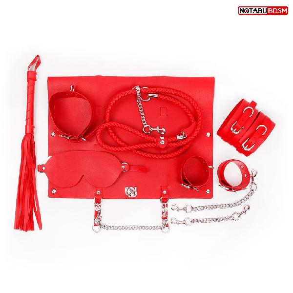 Красный набор БДСМ в сумке: маска, ошейник с поводком, наручники, оковы, плеть от Bior toys