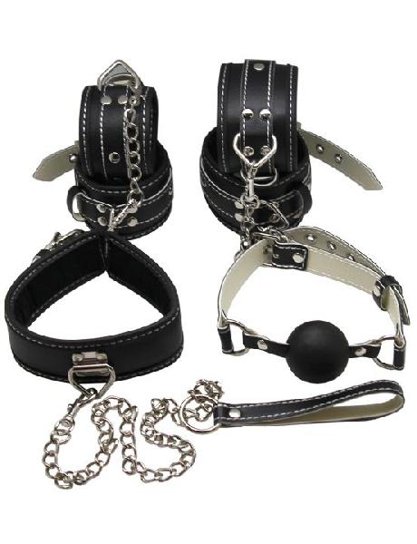 Пикантный БДСМ-набор на мягкой подкладке: наручники, поножи, ошейник с поводком, кляп от Eroticon