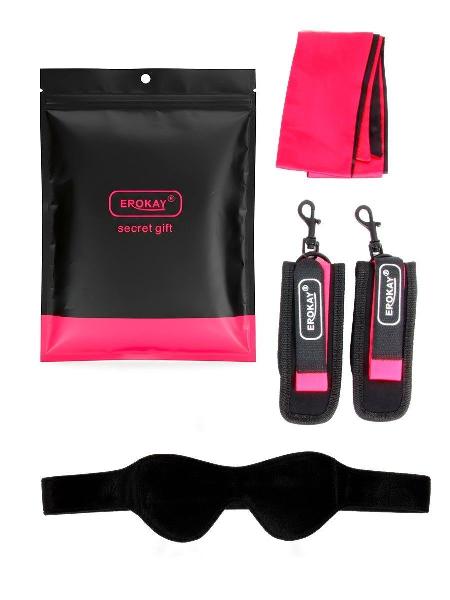 Черно-розовый эротический набор: маска, наручники и повязка от Erokay