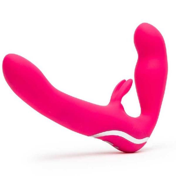 Ярко-розовый безремневой страпон Rechargeable Vibrating Strapless Strap-On от Happy Rabbit