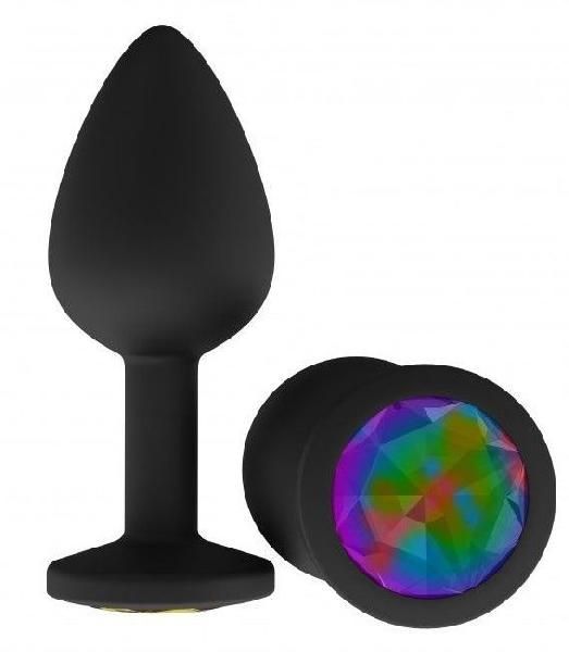 Чёрная анальная втулка с разноцветным кристаллом - 7,3 см.  от Сумерки богов