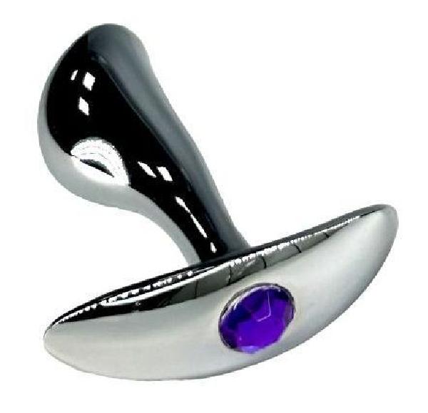 Серебристая изогнутая анальная пробка для ношения c фиолетовым кристаллом - 8 см. от Kanikule