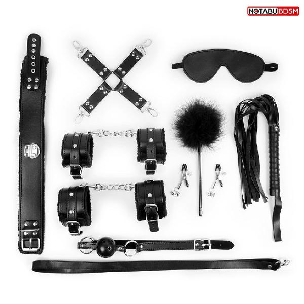 Большой набор БДСМ в черном цвете: маска, кляп, зажимы, плётка, ошейник, наручники, оковы, щекоталка, фиксатор от Bior toys