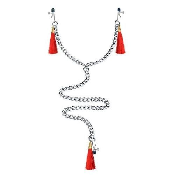 Зажимы на соски и клитор с игривыми красными кисточками Nipple Clit Tassel Clamp With Chain от Lovetoy