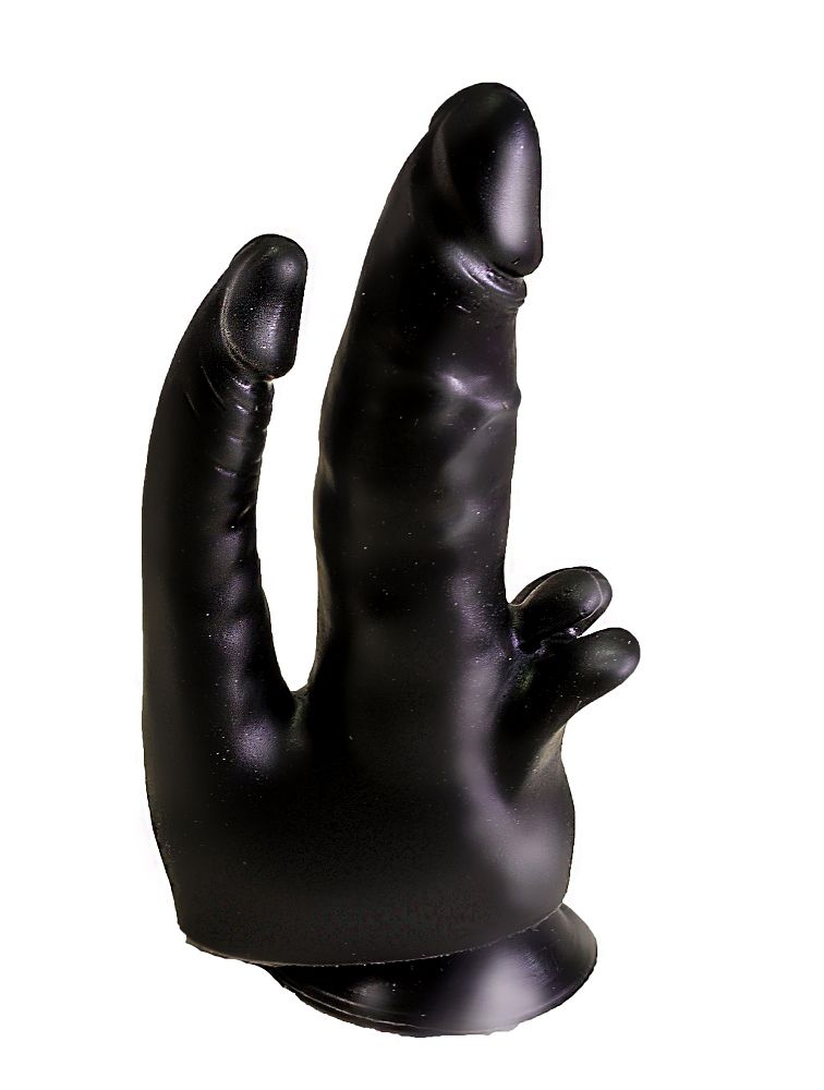 Чёрный двойной фаллоимитатор с клиторальными лепестками - 17 см. от LOVETOY (А-Полимер)
