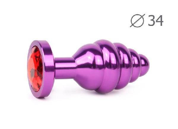 Коническая ребристая фиолетовая анальная втулка с красным кристаллом - 8 см. от Anal Jewelry Plug