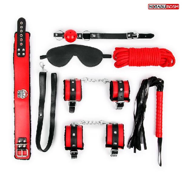 Оригинальный красно-черный набор БДСМ: маска, кляп, верёвка, плётка, ошейник, наручники, оковы от Bior toys