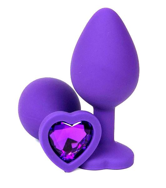 Фиолетовая силиконовая анальная пробка с фиолетовым стразом-сердцем - 8,5 см. от Vandersex