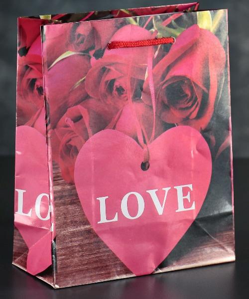 Подарочный пакет Love с розочками и сердечками - 23 х 18 см. от Сима-Ленд