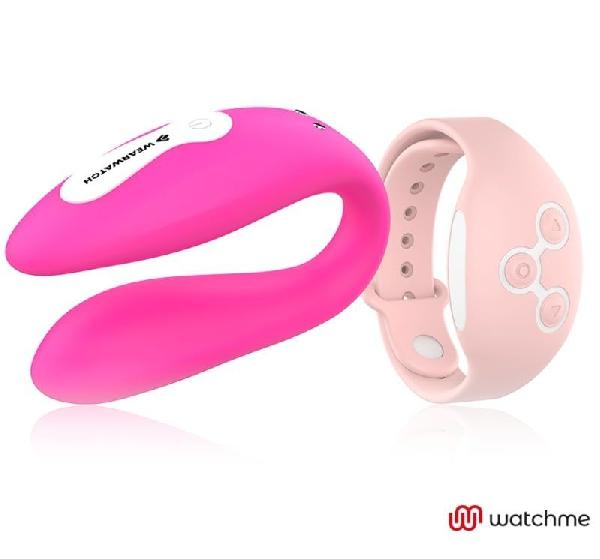 Розовый вибратор для пар с нежно-розовым пультом-часами Weatwatch Dual Pleasure Vibe от DreamLove