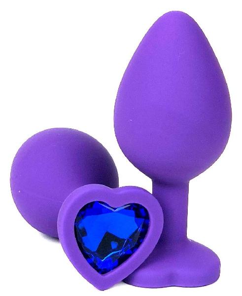 Фиолетовая силиконовая анальная пробка с синим стразом-сердцем - 8,5 см. от Vandersex