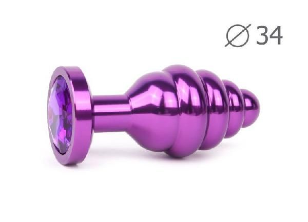 Коническая ребристая фиолетовая анальная втулка с кристаллом фиолетового цвета - 8 см. от Anal Jewelry Plug
