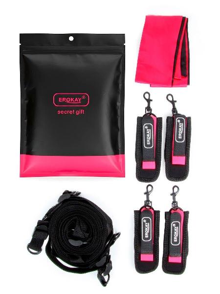 Черно-розовый эротический набор: фиксатор, оковы, наручники, повязка от Erokay