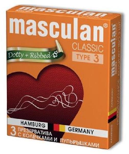 Розовые презервативы Masculan Classic Dotty+Ribbed с колечками и пупырышками - 3 шт. от Masculan