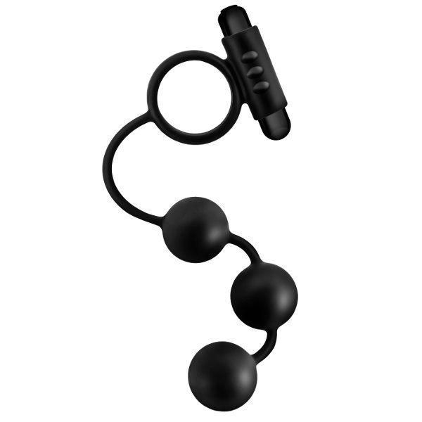 Черная анальная цепочка с эрекционным виброкольцом Silicone Anal Beads with Vibrating C-Ring от Blush Novelties