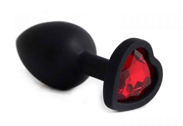 Черная анальная силиконовая пробка с красным стразом-сердцем - 7,5 см. от 4sexdreaM