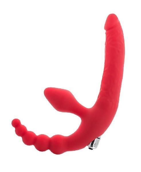 Красный безремневой страпон с вибрацией и анальным отростком от ToyFa