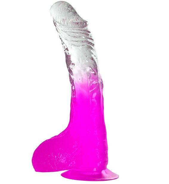 Фиолетовый фаллоимитатор с мошонкой, присоской и прозрачным стволом - 20 см. от Dream Toys