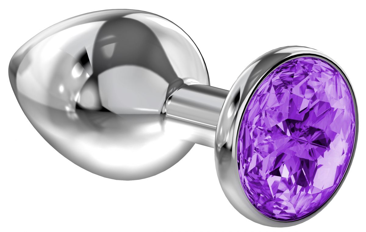 Большая серебристая анальная пробка Diamond Purple Sparkle Large с фиолетовым кристаллом - 8 см. от Lola toys