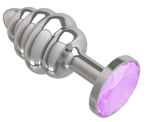 Серебристая спиралевидная анальная пробка с сиреневым кристаллом - 7 см. от Сумерки богов