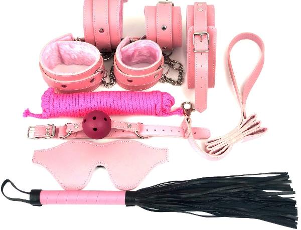 Набор БДСМ в розовом цвете: наручники, поножи, кляп, ошейник с поводком, маска, веревка, плеть от Vandersex