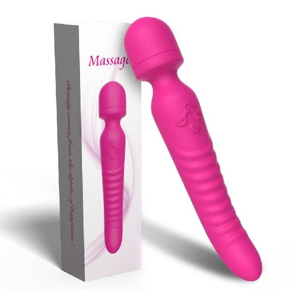 Ярко-розовый двусторонний wand-вибромассажер с рифленой ручкой - 22,5 см. от Silicone Toys