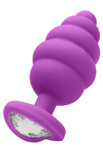 Фиолетовая анальная пробка Large Ribbed Diamond Heart Plug - 8 см. от Shots Media BV