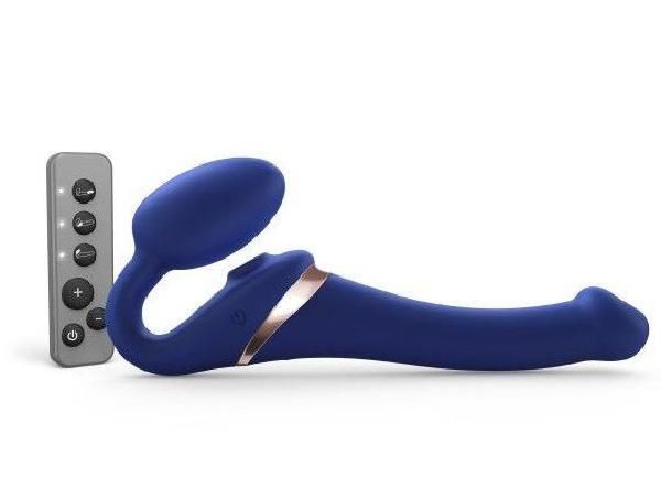 Синий безремневой страпон Multi Orgasm Size S с клиторальной стимуляцией от Strap-on-me