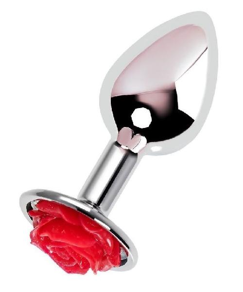 Серебристая анальная втулка с красной розочкой - 8 см. от ToyFa