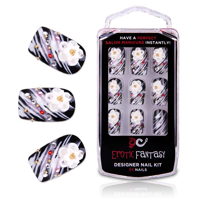 Черно-белые акриловые типсы со стразами и аппликацией Passion от Erotic Fantasy