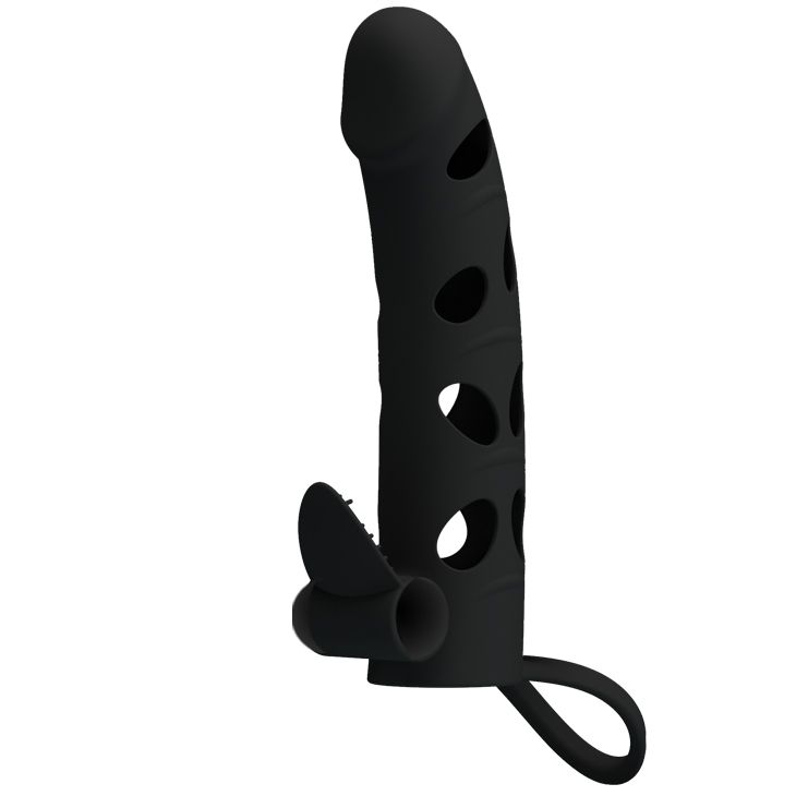 Чёрная закрытая насадка на пенис с вибрацией - 15,2 см. от Baile