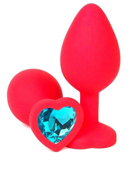 Красная силиконовая анальная пробка с голубым стразом-сердцем - 8,5 см. от Vandersex