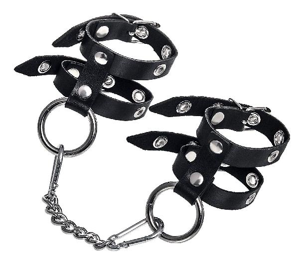 Черные однослойные кожаные наручники из двух ремешков от Pecado