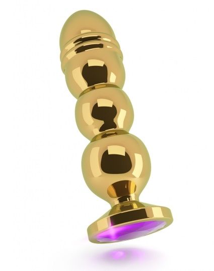 Золотистая фигурная анальная пробка R10 RICH Gold/Purple с фиолетовым кристаллом - 14,5 см. от Shots Media BV