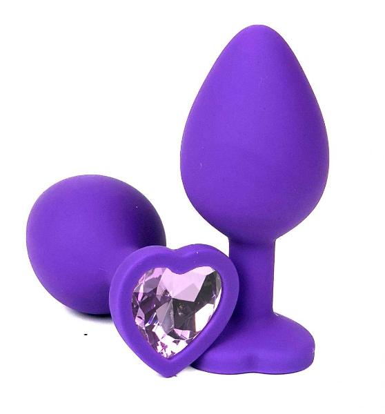 Фиолетовая силиконовая анальная пробка с сиреневым стразом-сердцем - 8 см. от Vandersex