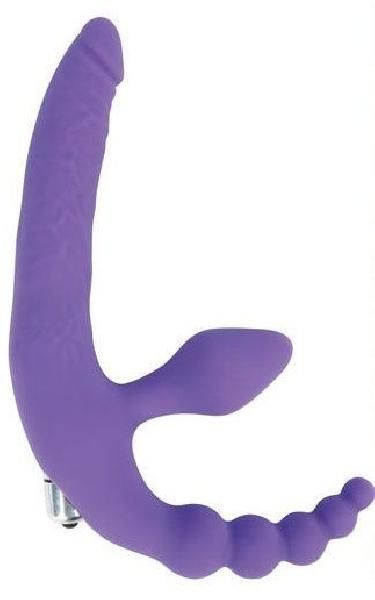 Фиолетовый безремневой страпон с анальным отростком и вибрацией - 15 см. от Bior toys
