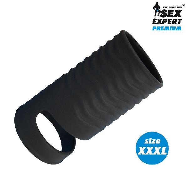 Черная открытая насадка на пенис с кольцом для мошонки XXXL-size - 9,9 см. от Bior toys