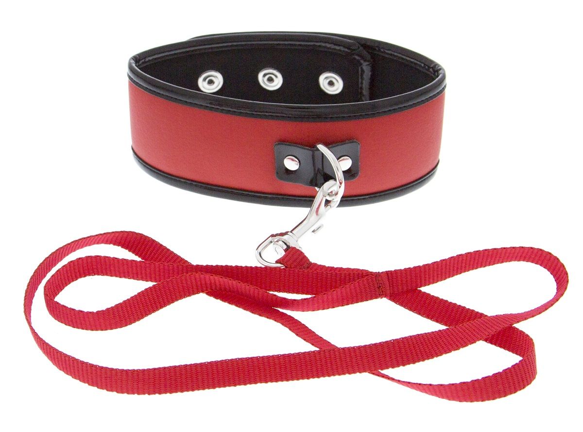 Красно-чёрный ошейник из полиуретана с поводком Collar and Leash от Blush Novelties